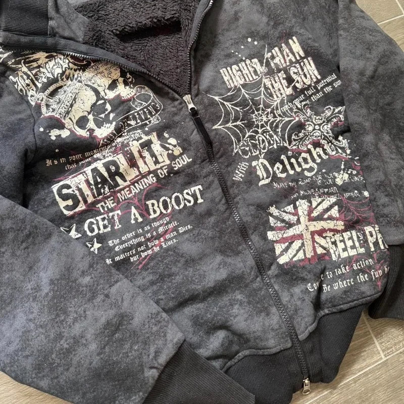 STORESDE American Fashion New Skull Print Hoodie Women Y2K Vintage Rock Hip Hop Gothic Popular Casual Joker Plus Velvet Padded Sweater