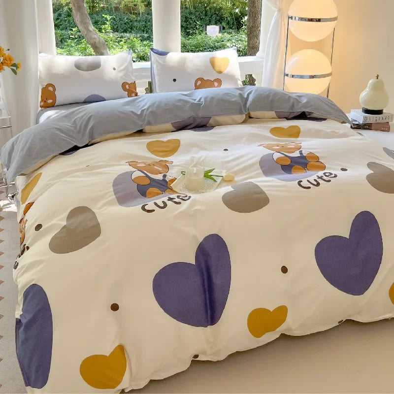 STORESDE Kawaii Bear Printed Bed Set Floral Duvet Cover Pillowcase Bedding Set Cute Dog Bed Linen Sheet Quilt Cover Full Queen King Size