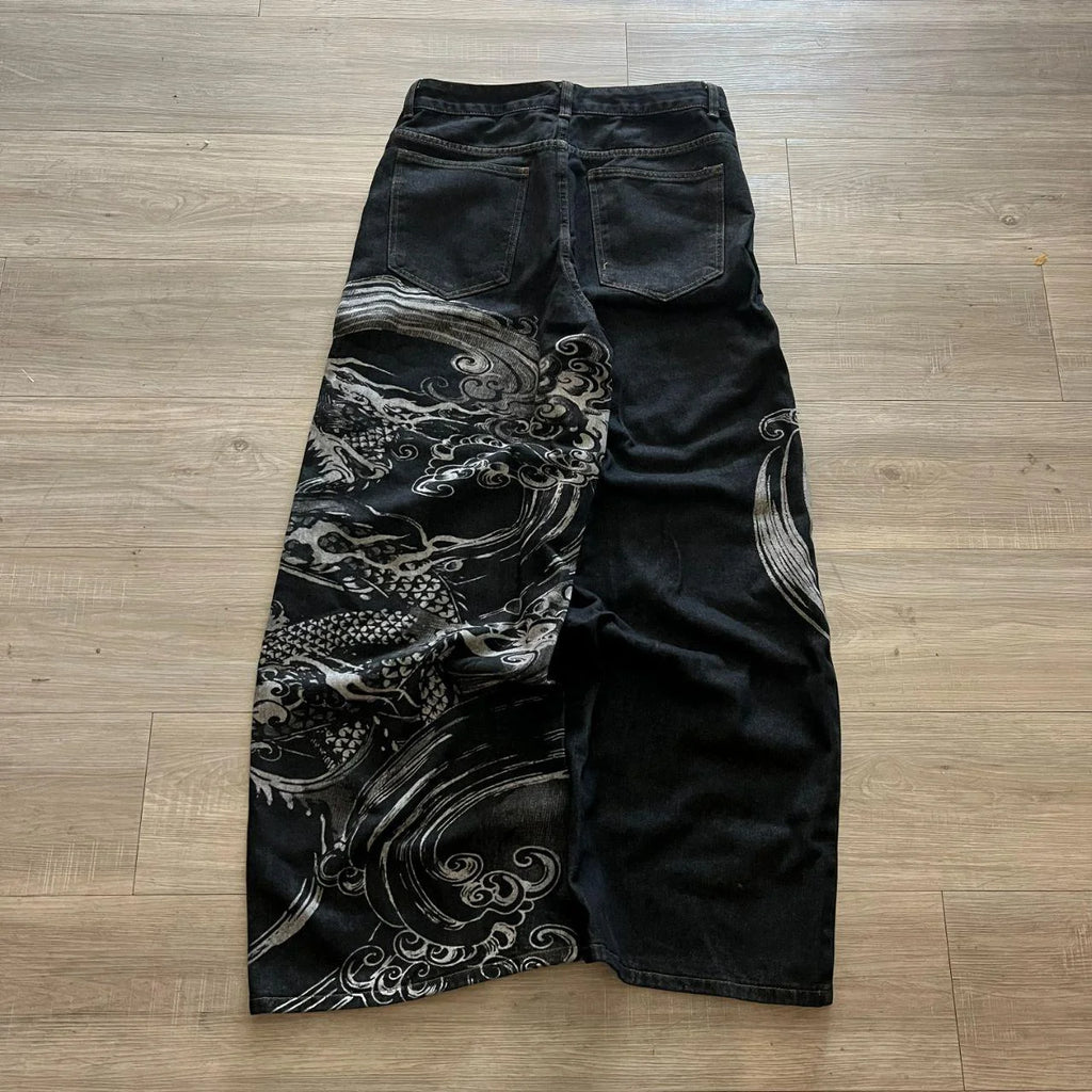 STORESDE New Black Wide Leg Denim Jeans Men Dragon Print Cherry Blossom Embroidery Vintage Washed Loose Harajuku Streetwear Casual Pants