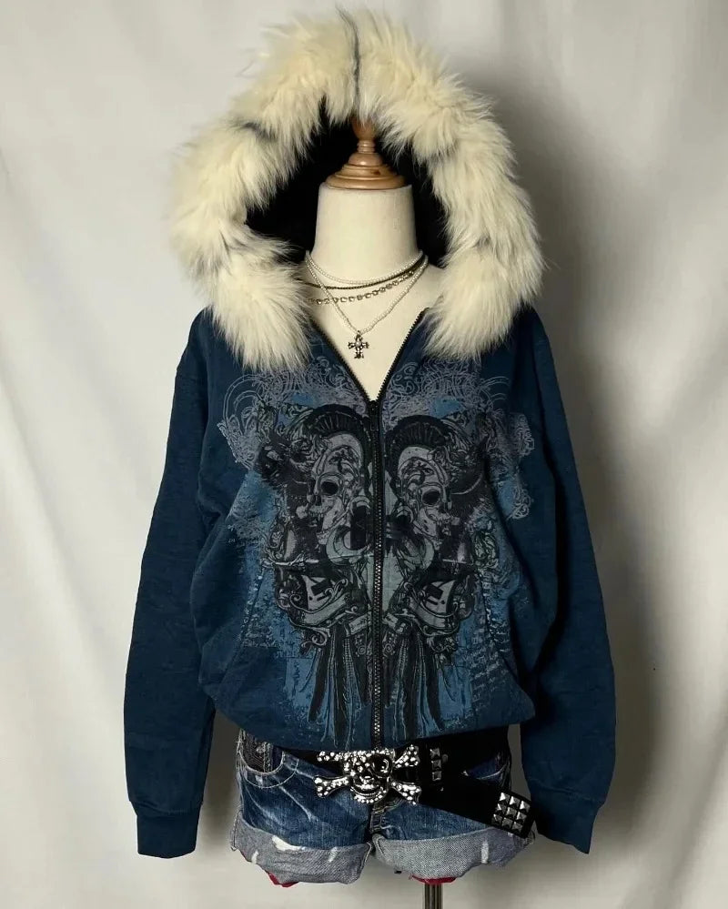 STORESDE American Fashion New Skull Print Hoodie Women Y2K Vintage Rock Hip Hop Gothic Popular Casual Joker Plus Velvet Padded Sweater