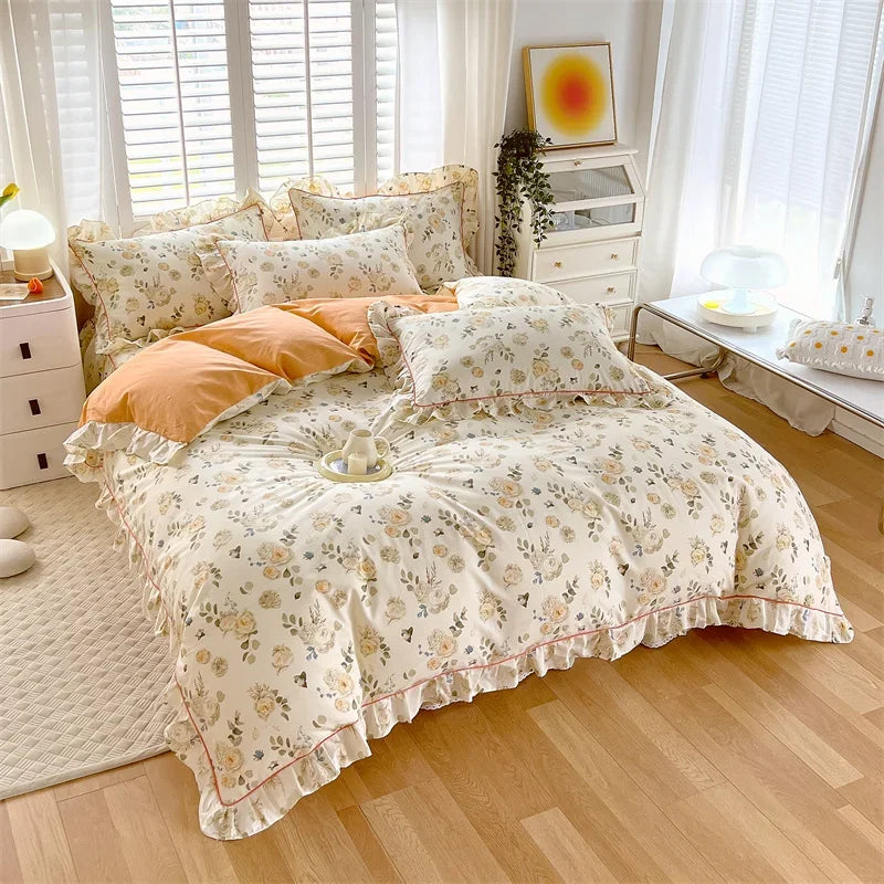 STORESDE Princess Style Ruffles 100% Cotton Quilt Cover Set or Single Quilt Covers Floral Soft Duvet Cover Cotton Cute Comforter Covers