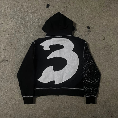 STORESDE American Fashion Embroidery Personality Flash Diamond Oversize Zipper Hoodie Men Y2K New Harajuku Gothic Casual Joker Sweatshirt