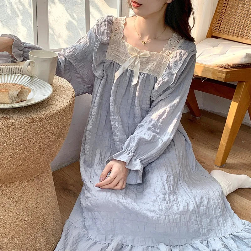 STORESDE Long-Sleeved Harajuku Style Nightgown Women's Pajamas Lace Sweet Cute Nightdress Spring Summer 2026 New Square Collar Home Wear