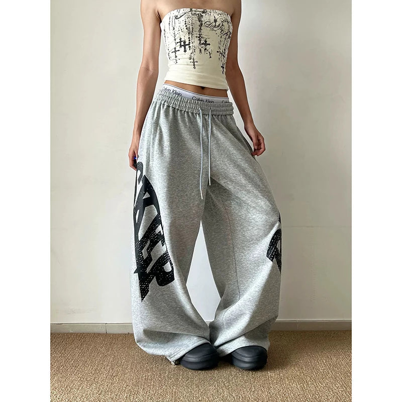 STORESDE YIBASHU Women Grey Baggy Wide Leg Sweatpants American Letter Print Pants Harajuku Japanese 2000s Style Vintage Y2k Casual Trouse