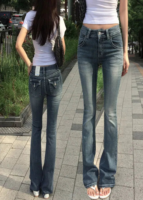 STORESDE Gothic Buddha Head Womens Jeans Y2K Clothes Hip Hop Pocket Embroidery Vintage Blue Baggy Jeans Low Waist Wide Leg Trousers