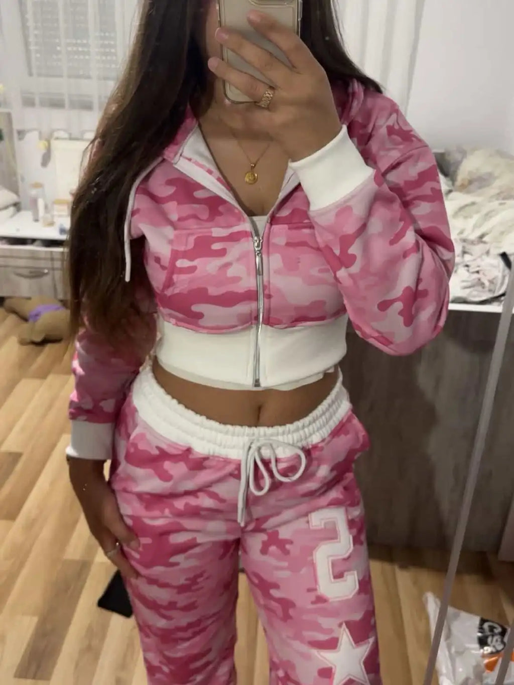 STORESDE Women Pink Camouflage Set 2026 Y2K Streetwear Female Sportswear Gym Workout American Hip Hop Hoodie Two Piece Set Tracksuit