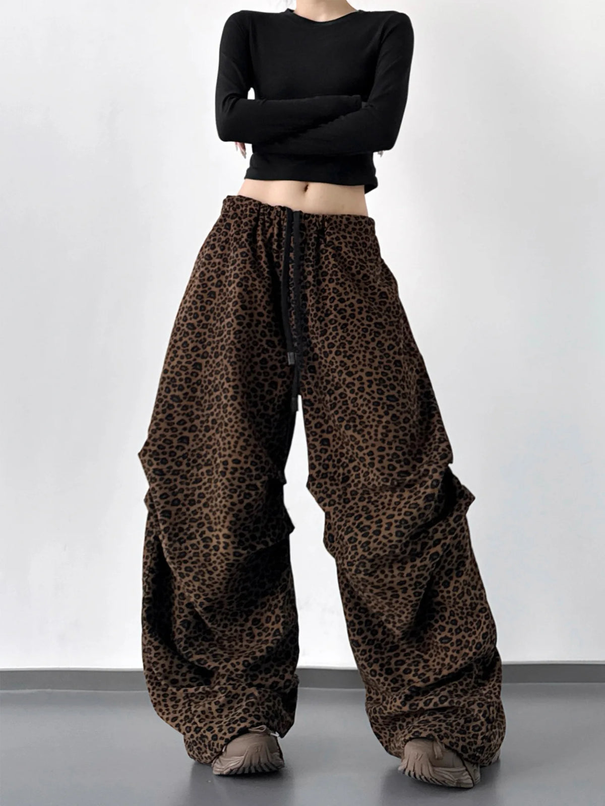 STORESDE Leopard Print Fleece Wide Leg Pants For Women Autumn Winter American Casual Fashion Retro Pleated Thicken Trousers