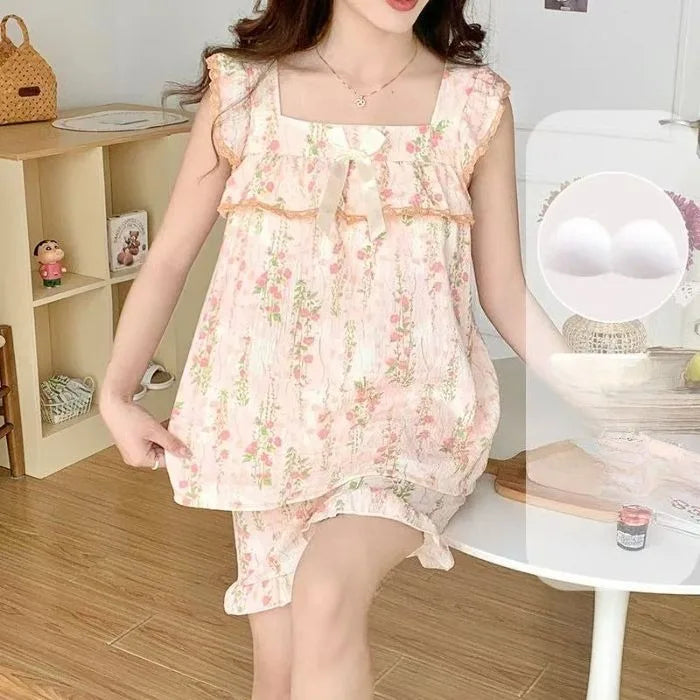 STORESDE Set Sexy Women Summer Pajamas Sleeveless Sleepwear Trousers Sets Short Sleeve Sleepwear Women's Pajama Sleeping Sleep Lounge