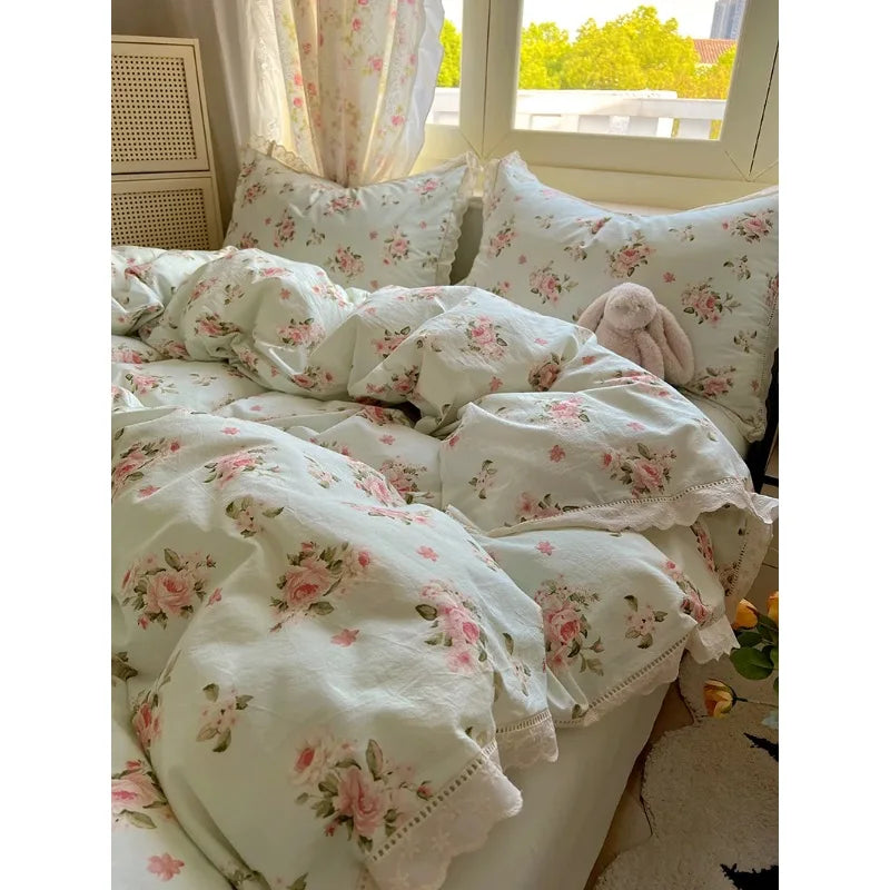 STORESDE Washed Cotton Duvet Cover Sets Single/Queen/king Flower Printed Bedding Set Princess Style e housse de couette 220x240 with Lace