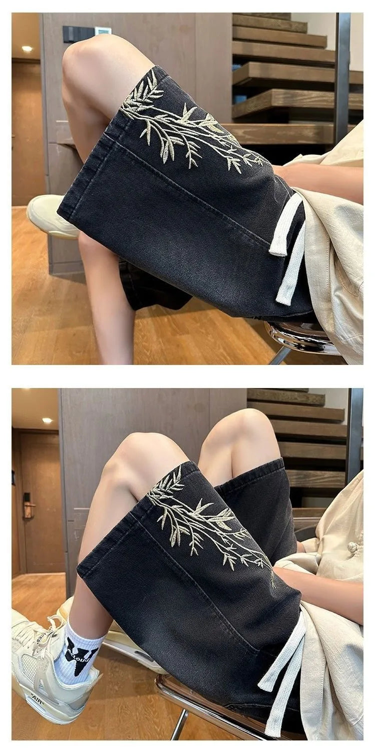 STORESDE Men's 2026 Summer Retro Washed New Chinese Style Embroidered Denim Shorts Thin Loose Plus Size Streetwear 5-Pocket Capri Pants