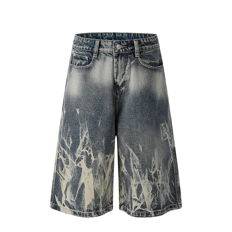 STORESDE 2026 New Flame Graphic Print Denim Shorts For Men Hip Hop Fashion Straight-leg Baggy Jorts Punk Tie Dye Gradient Y2K Short Jean