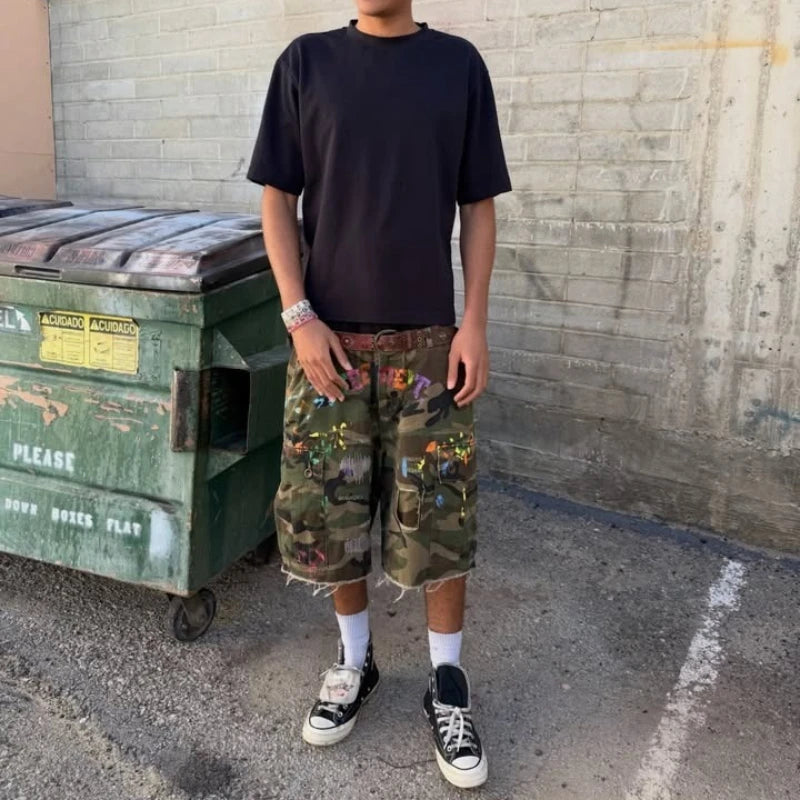 STORESDE Y2K American Cargo Shorts Paint Splatter Camouflage Pattern Bottom New Trendy Retro Hip Hop Streetwear Unisex Baggy Short Pants