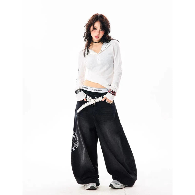 STORESDE YIBASHU Women Vintage Embroidery Y2K Baggy Jeans Female High Waist 2000s Wide Leg Denim Pants American Retro Harajuku Trouser