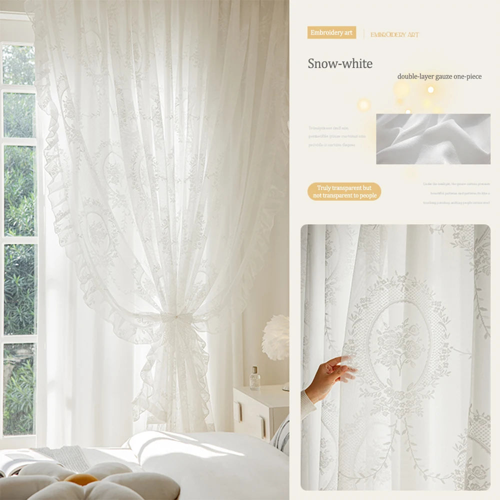 STORESDE French Vintage Ruffled Lace Embroidered Curtain Sheer, Bedroom Balcony Living Room Drapes, Light-Filtering Privacy Protection