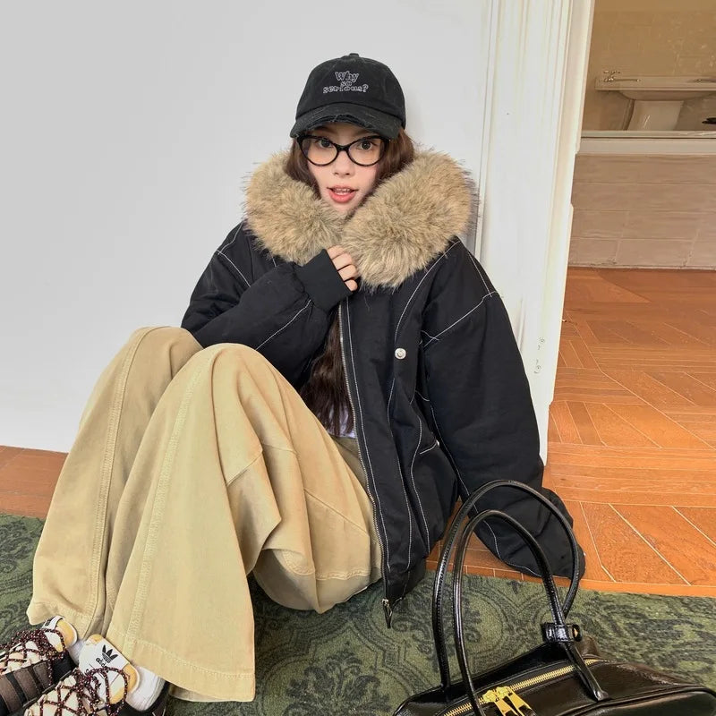 STORESDE Autumn Winter Cotton Padded Jacket Women Outerwear Thick Warm Oversize Short Coat Female Hooded Long Sleeve Fur Collar Parkas