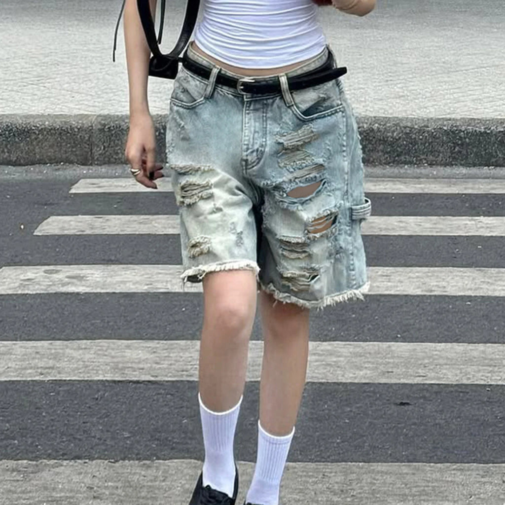 STORESDE SUCHCUTE Fashion Women Ripped Raw Hem Retro Jeans Shorts  Summer Five-Pocket Denim Shorts Chic Straight Legged Pants Streetwear