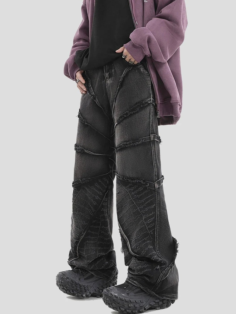 STORESDE New National Tide Couples American Raw Edge Stone Mill Washed Jeans Y2K Gothic Punk Style Loose Straight Tube Make Old Trousers
