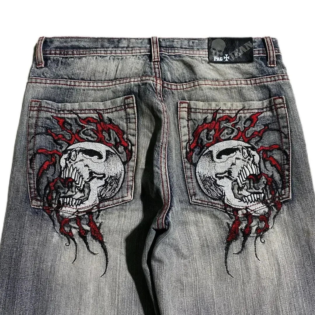 STORESDE Embroidered Smoke Pattern Denim Jeans Men Women Vintage Brown Gradient Wash Streetwear High Waisted Slim Fit Trousers