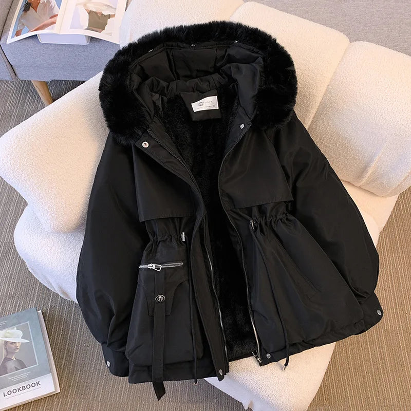 STORESDE Fleece Lined Hood Down Jacket Winter Coat for Women Warm Drawstring Padded Parkas Korean Casual Streetwear Female Puffer Outwear