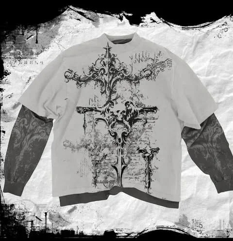 STORESDE Y2K american Skull Pattern Long Sleeved T shirt Mens Fashion Round Neck Oversized T shirt New Womens Casual Gothic Clothing Tops