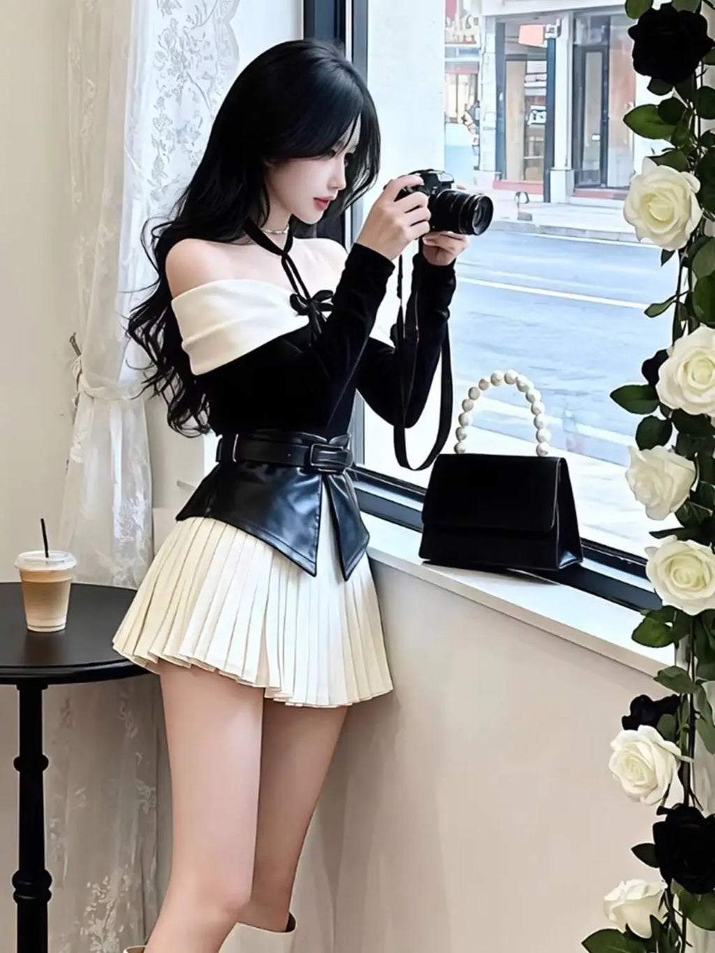 STORESDE Autumn Winter French Style One-Shoulder Butterfly Knot Waist Seal Splice Slit Slimming Half Skirt Set Sweet Lolita Top Bottom En