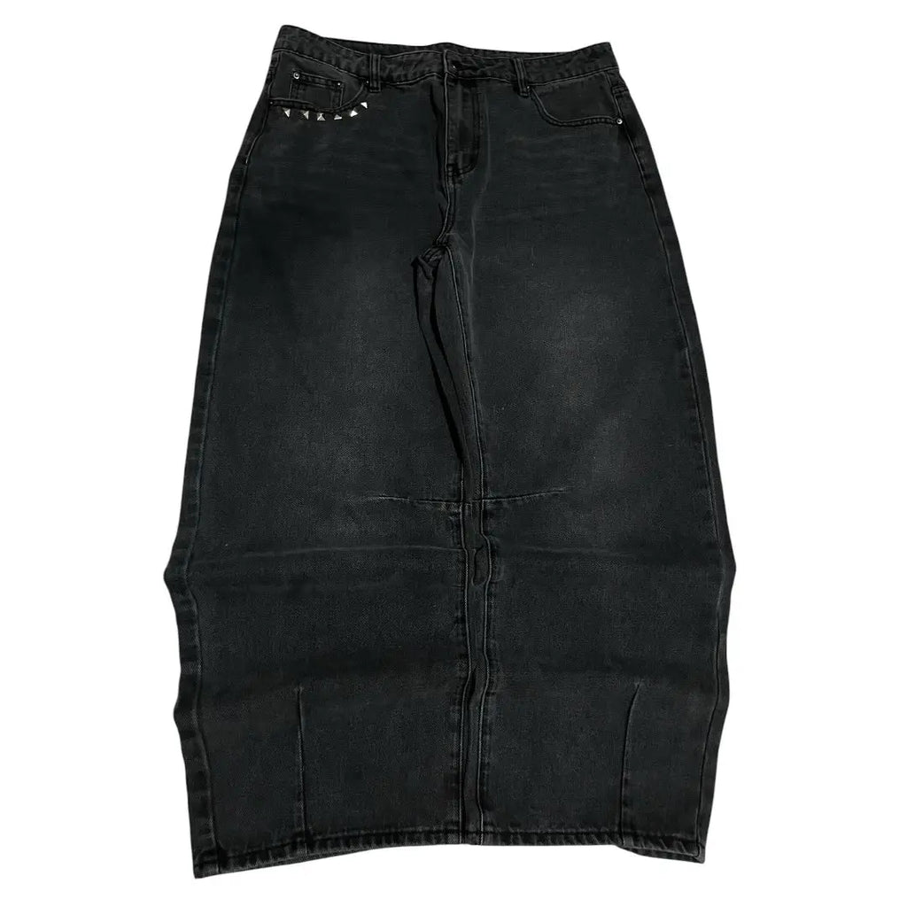 STORESDE Y2k2026 Subculture Fun Monster Teeth Patch Pocket Jeans American Heavy Industry Rivet Old Loose Wide Leg Pants Couple Same Style