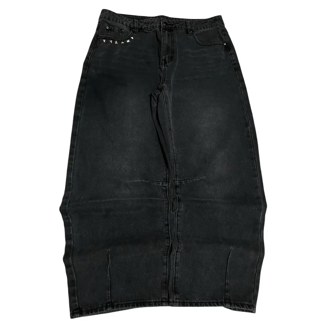 STORESDE Y2k2026 Subculture Fun Monster Teeth Patch Pocket Jeans American Heavy Industry Rivet Old Loose Wide Leg Pants Couple Same Style