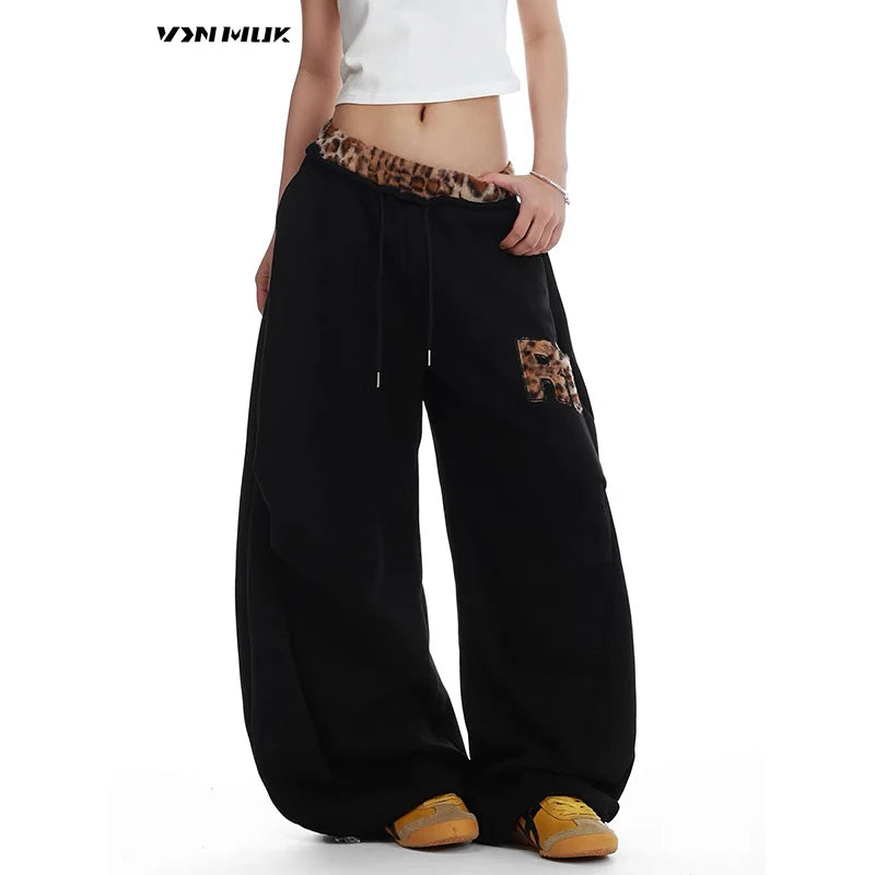STORESDE ZHIZOU Women Brown Sweatpants Baggy Leopard Patchwork Pants Harajuku Aesthetic 2000s Style Y2k Vintage Oversize Trousers Autumn