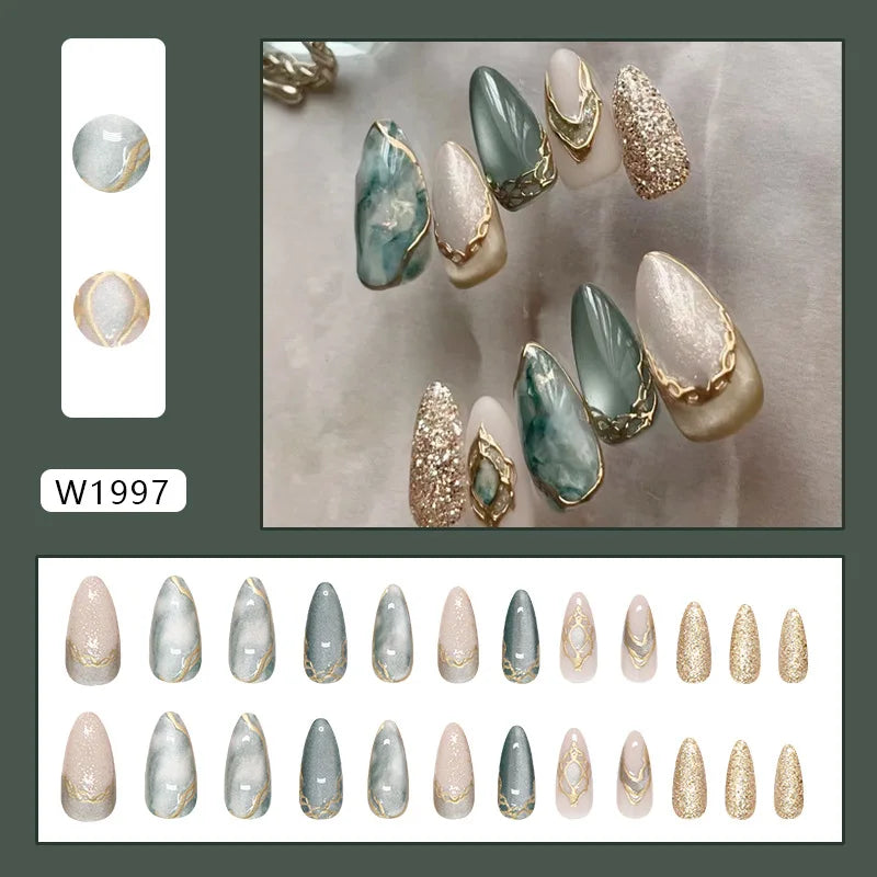 STORESDE 24pcs False Nails Glossy Green Summer Almond Fake Nail Tips Wearable Detachable Fashion Flower Print Press on Nails for Girl