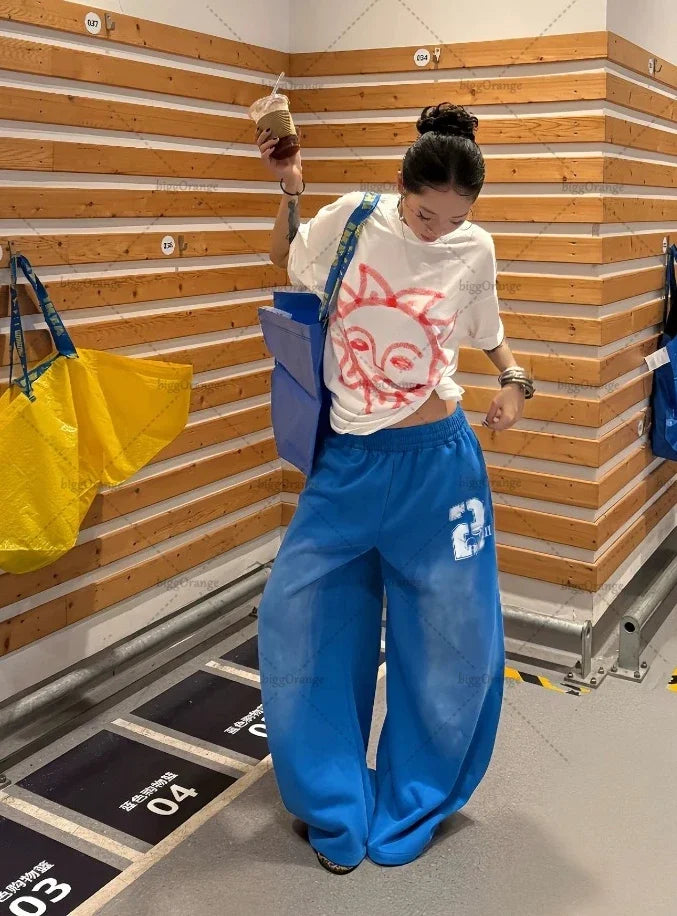 STORESDE Y2K Harajuku Blue Casual Hip-Hop Retro Sweatpants Street Pants Rock Roll Women's Trendy Oversized Washed Loose Wide-Leg Pants