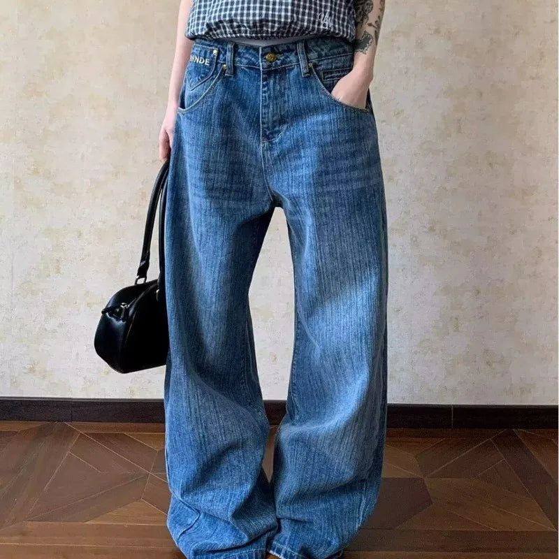 STORESDE Womens Jeans Vintage American Design Distressed Denim Womens Pants Loose Fit Straight Leg Trousers For Casual Wear