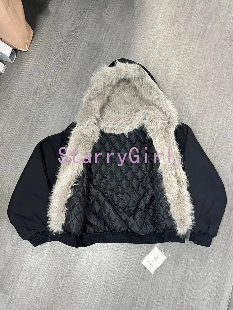STORESDE Winter New Elegant Liner Fur Loose Coat Women Y2k Fur Collar Hood Thick Fashion Parkas Casual Outerwear Cotton Padded Jackets