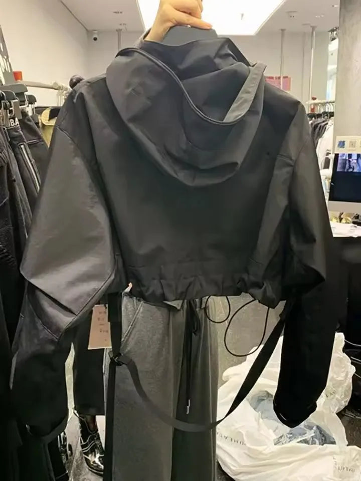 STORESDE Fashion Short Hooded Jacket 2025 New Spring Black Loose Motorcycle Coats Female Street  Windbreak Short Basic Coat