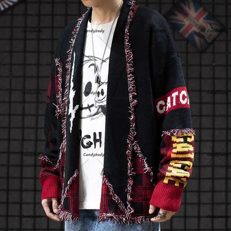 STORESDE Retro Japanese National Wind Cat Beard Sweater Male Couple Y2K Street Fashion Brand Loose Korean Trend Cardigan Sweater Coat Top