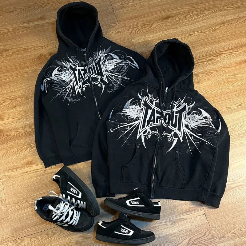 STORESDE Y2K Fashion Tapout Zipper Hooded Sweater Retro Hip-hop Letter Printing Oversized Black Hooded Sweater Men And Women Gothic Tops