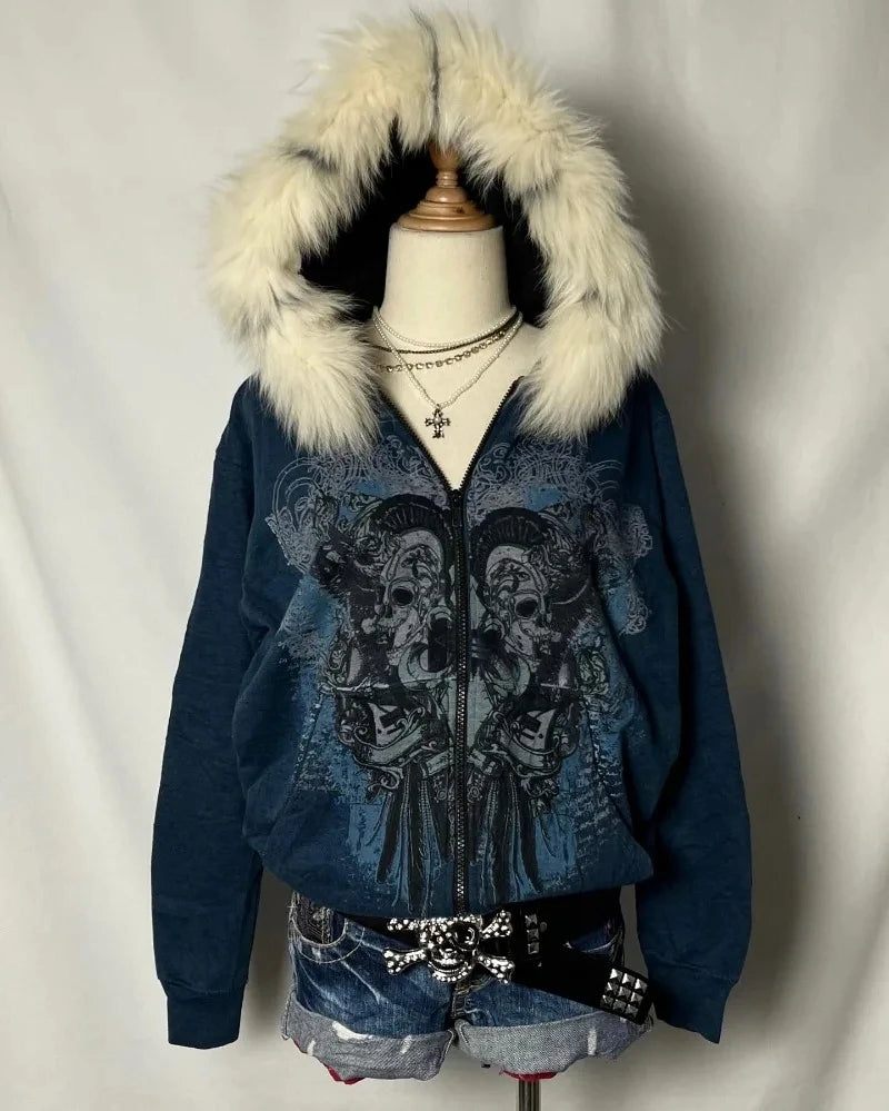 STORESDE American New Skull Embroidery Super Leopard Hooded Sweater Women Y2K Gothic Hip Hop Popular Casual Joker Sweatshirt