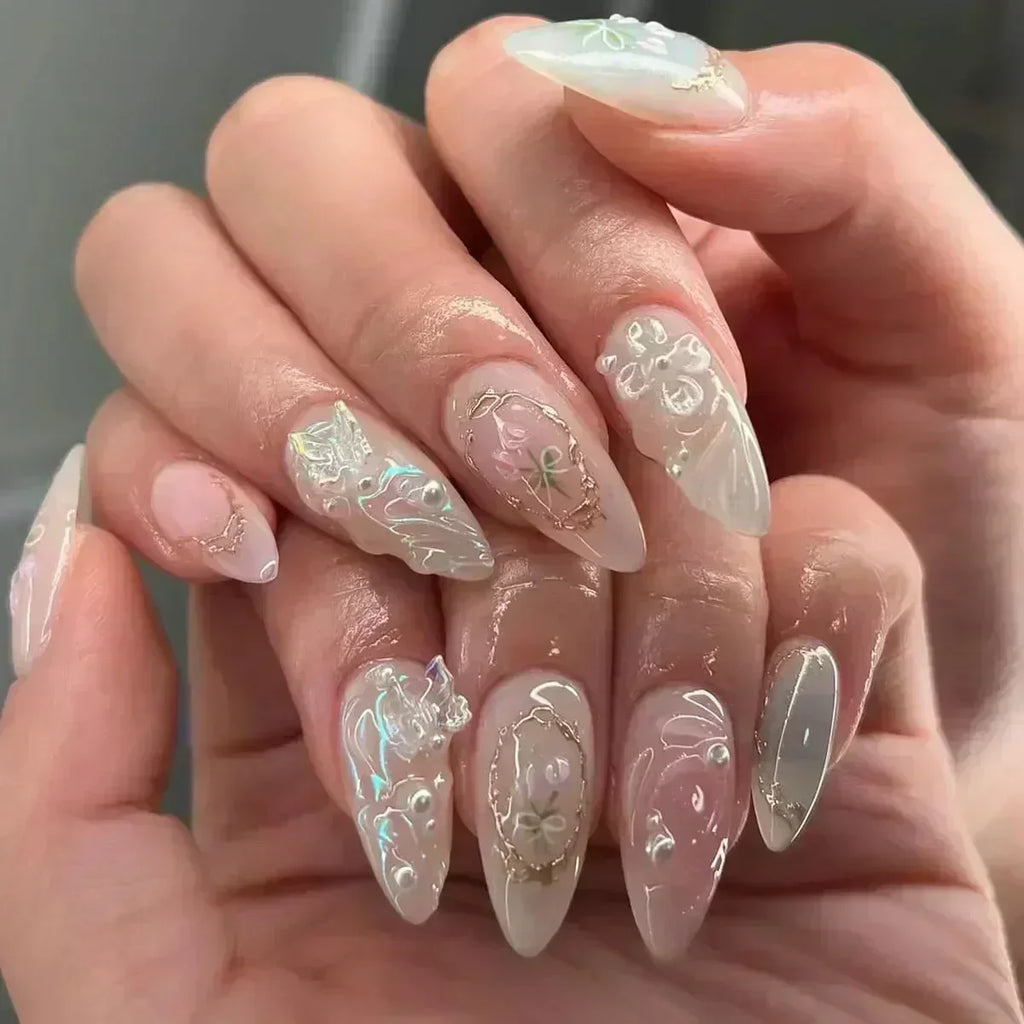 STORESDE 24Pcs Pink Almond False Nails Butterfly Ballet with French Design Wearable Fake Nails Simple Artificial Press on Nails Tips Art