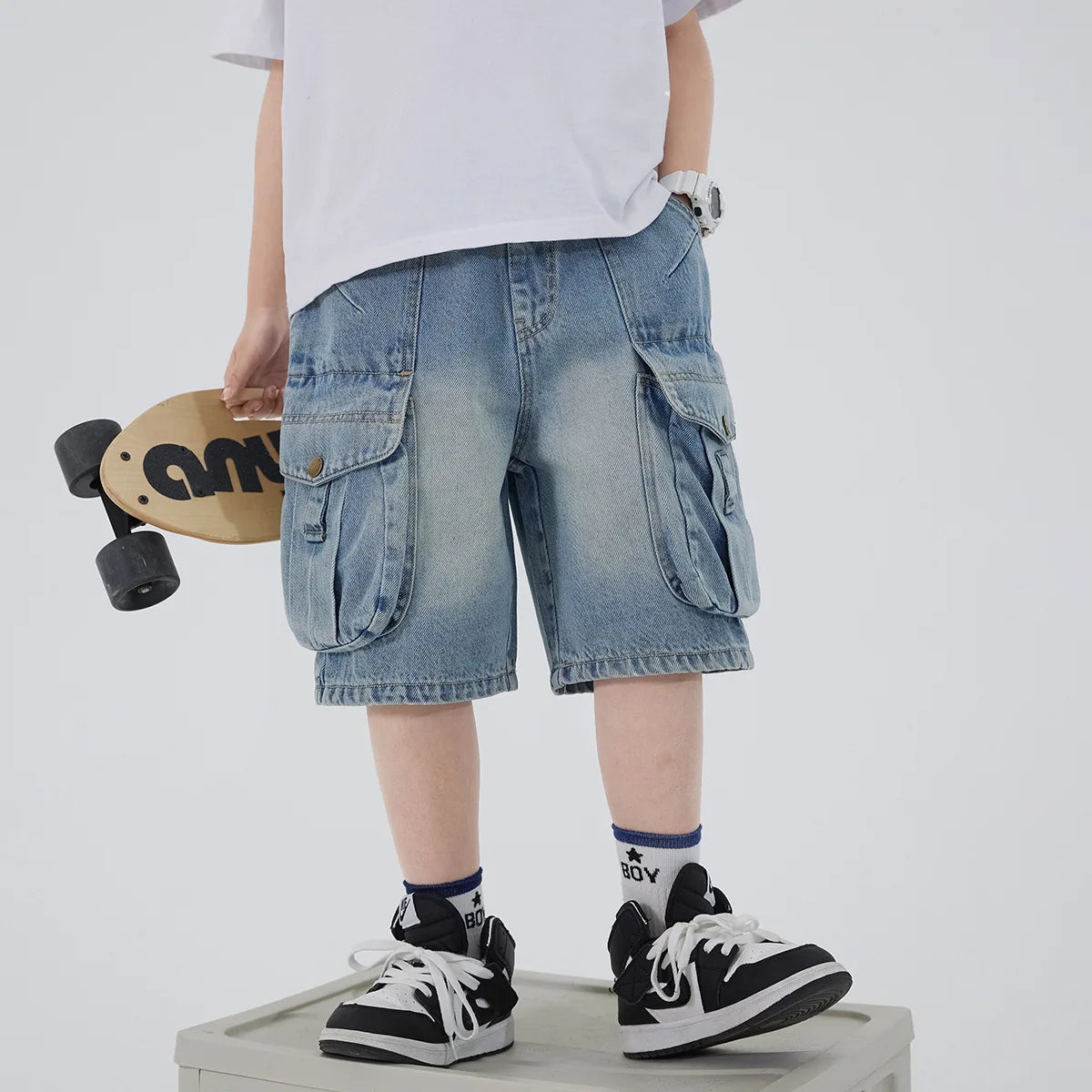 STORESDE Boys' Workwear Denim Shorts Summer 2026 New Teenage Children's Pocket Design Outdoor Wear Loose Jeans Big Kids Mid-Pants