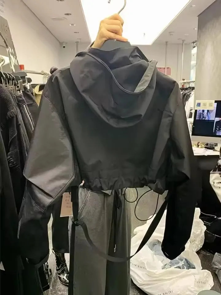STORESDE Fashion Short Hooded Jacket 2025 New Spring Black Loose Motorcycle Coats Female Street  Windbreak Short Basic Coat
