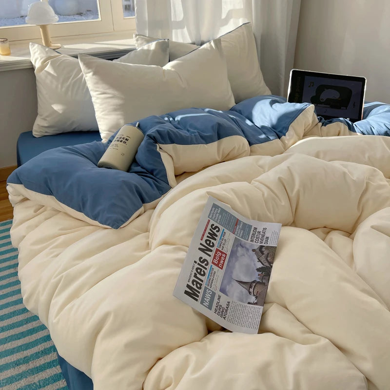 STORESDE Cotton Bedding Set 4pcs with Solid Bed Sheet Duvet Cover Pillowcases Single Couple Bedsheet King Queen Double Twin Size