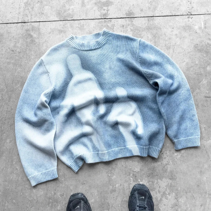 STORESDE High Street Gradient Abstract Artistic Portrait Pattern Loose Knit Pullover European Punk Gothic Round Neck Long Sleeve Sweater