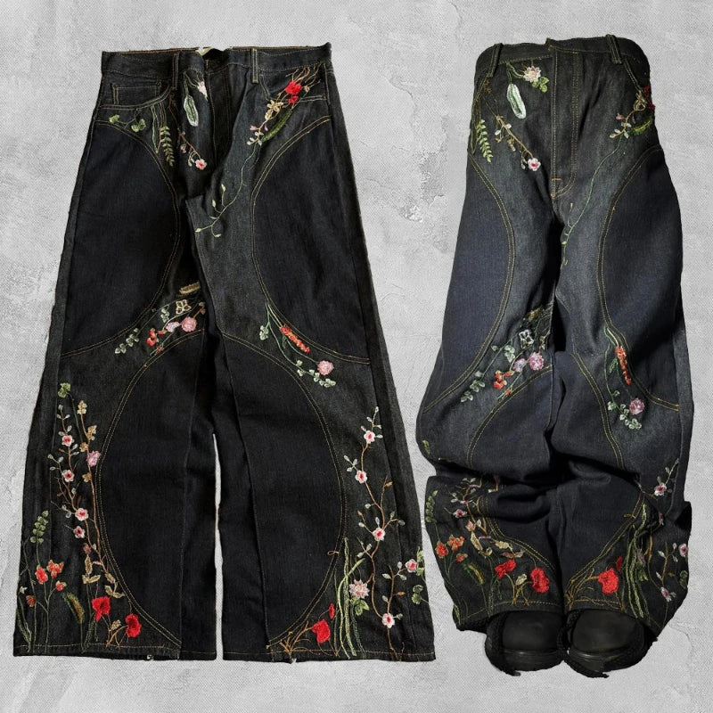 STORESDE Y2K Floral Baggy Jeans Retro Blossom Embroidery Streamlined Unisex Streetwear Gothic High Street Oversized Wide Leg Men Pants