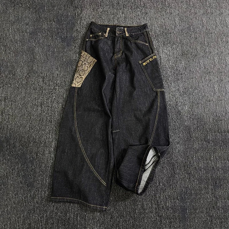 STORESDE Y2K Vintage Snake Patterned Patchwork Washed Baggy Jeans American Women Harajuku Hip Hop Popular Goth High Waist Wide Leg Pants