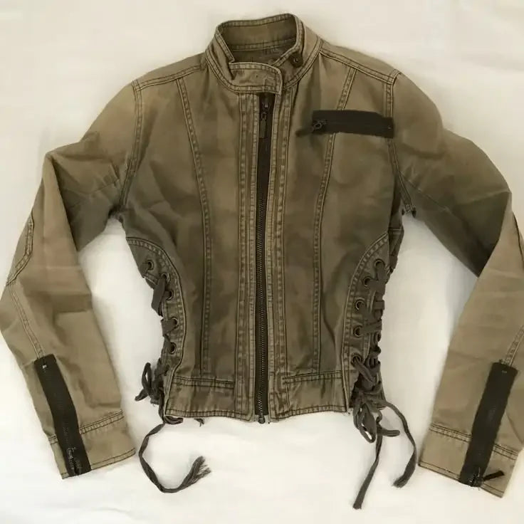 STORESDE Streetwear Y2K Bomber Jacket Women Harajuku Stand Collar Zipper Jacket Gothic Army Green Motorcycle Jacket Slim Fit Denim Coat