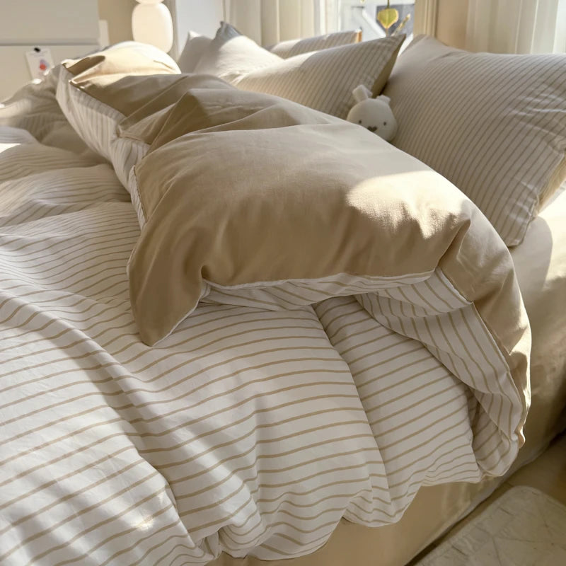 STORESDE Ins Stripes 100% Washed Cotton Bedding Set with Pillowcase Bed Sheet Quilt Cover Single Double King Queen Size Duvet Cover Set