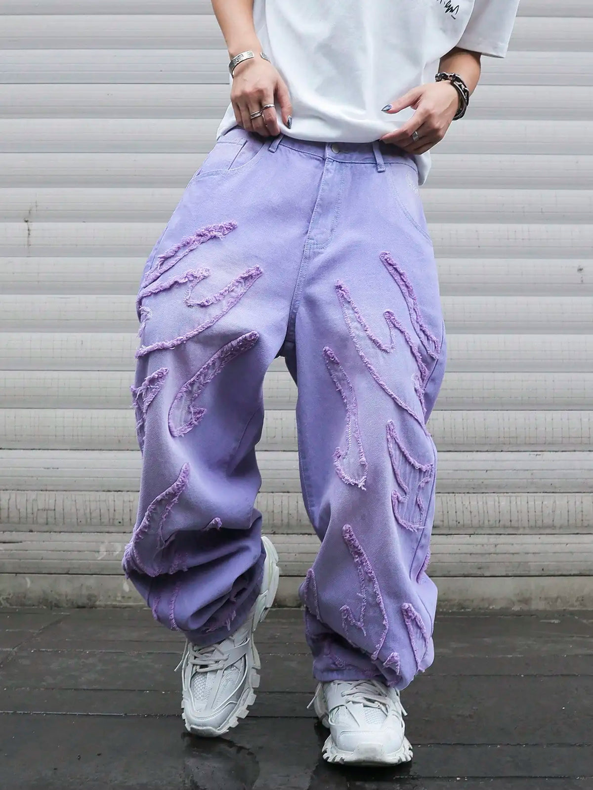 STORESDE High - street style purple distressed frayed jeans for men, loose, trendy street hip - hop wide - leg pants