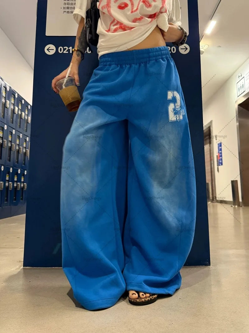 STORESDE Y2K Harajuku Blue Casual Hip-Hop Retro Sweatpants Street Pants Rock Roll Women's Trendy Oversized Washed Loose Wide-Leg Pants