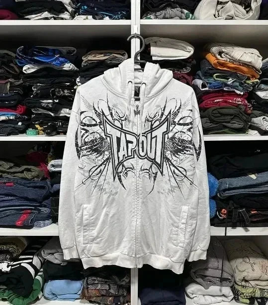 STORESDE Y2K Fashion Tapout Zipper Hooded Sweater Retro Hip-hop Letter Printing Oversized Black Hooded Sweater Men And Women Gothic Tops