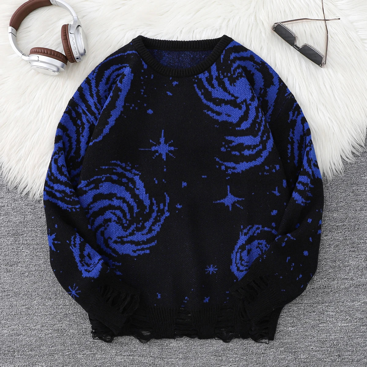 STORESDE New Trendy Street Style Ripped Abstract Starry Sky Pattern Pullover Ripped Sweater Casual Crew Neck Knitted Men's Pullover