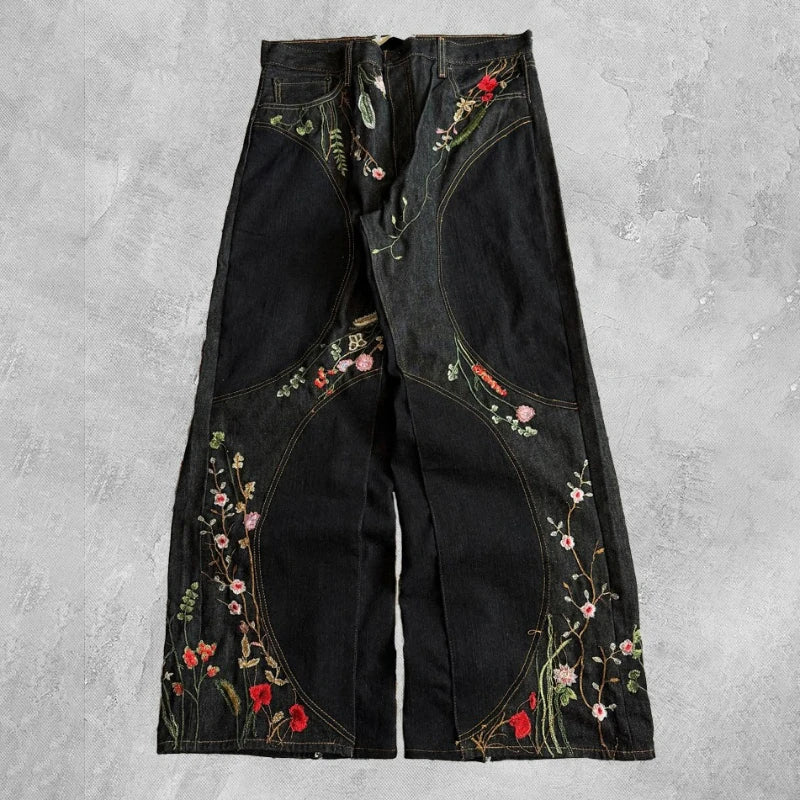 STORESDE Y2K Floral Baggy Jeans Retro Blossom Embroidery Streamlined Unisex Streetwear Gothic High Street Oversized Wide Leg Men Pants